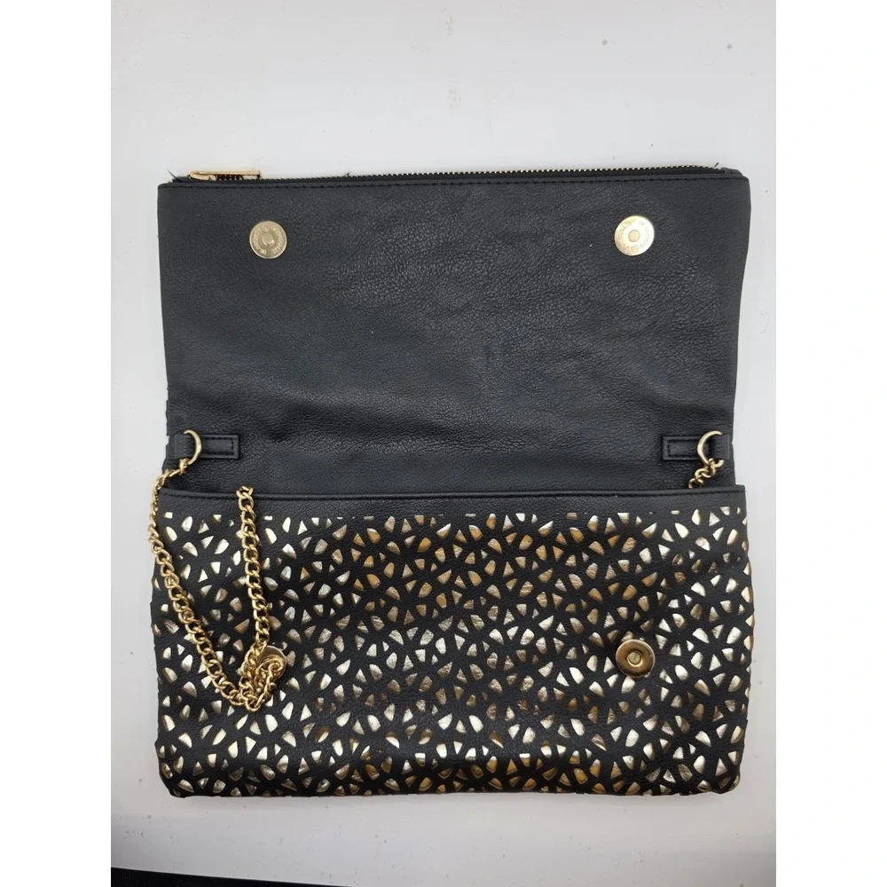 Black Gold Cutout Clutch Purse Fold Over Chain Strap Evening Bag